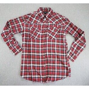 Casual Country Plaid Flannel Pearl Snap Shirt Large Tall Long Sleeve Western Red